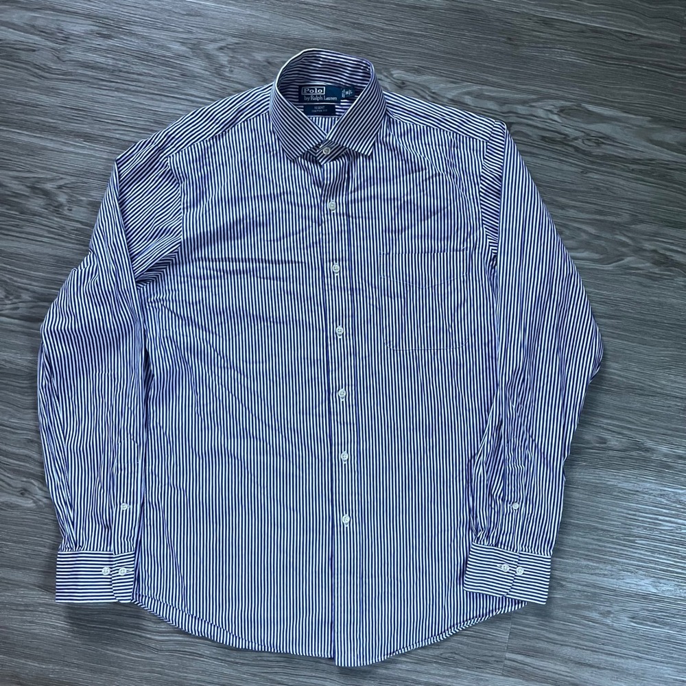 Polo Ralph Lauren Regent Custom Fit Striped Dress Shirt Blue White 16 L 733
